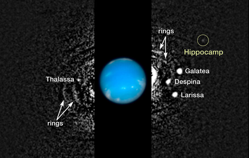 Hubble image of Neptune (from 2009) inset to scale with an image of its much fainter moons and rings. Credit: NASA, ESA, and M. Showalter (SETI Institute)