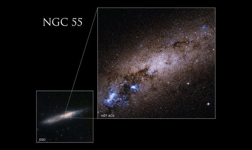 The Hubble image of the galaxy NGC 55 shown in context of a wider-field image showing the entire galaxy from the ground-based MPG/ESO 2.2-meter telescope.