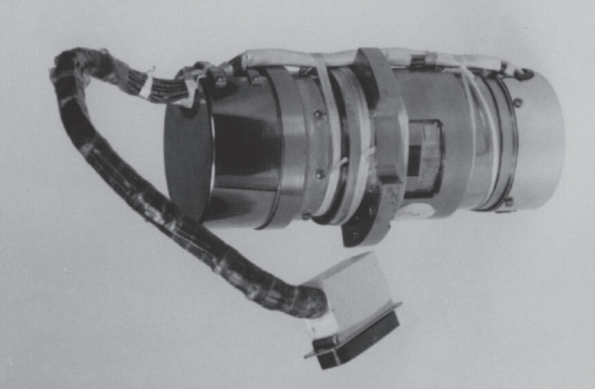 A Hubble Rate Sensor Assembly, which contains one gyroscope. Two of these go into a Rate Sensor Unit box, and there are three of those on Hubble. The cylinder shown is about 18 cm long. Credit: NASA