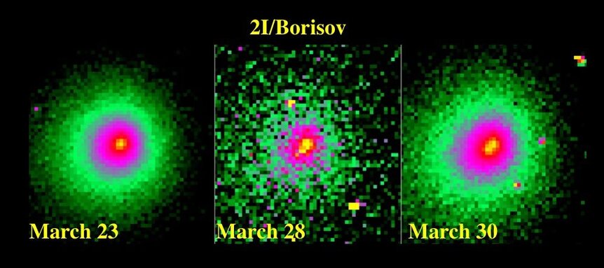 Hubble images of the interstellar comet 2I/Borisov show it to look normal on 23 March 2020 (left), but a few days later (middle) the nucleus was elongated, and a split into two pieces confirmed in images taken just days after that (right).