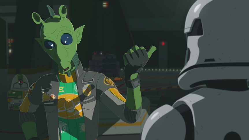 Hype Faizon speaking to a storm trooper on Star Wars Resistance