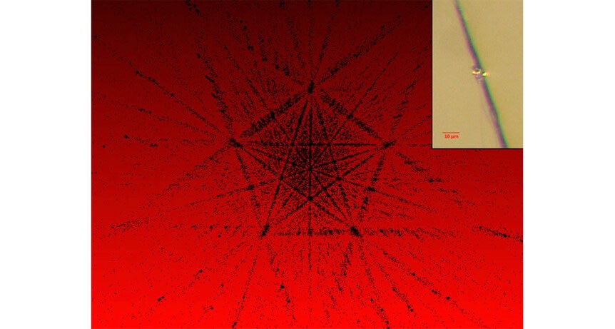 An X-ray diffraction pattern from the icosahedrite sample found in the Khatyrka meteorite, showing fivefold symmetry. Inset: The fragment examined is attached to a thin length of carbon fiber. Credit: Asimow et al.