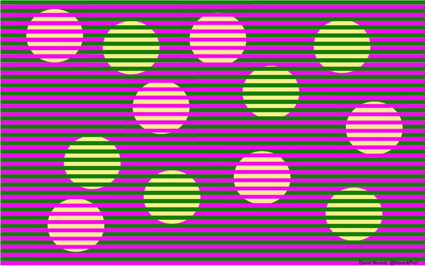 A simple example of the Munker-White illusion, where the colors we perceive from the circles are affected by the stripes; the circles are the same color. Credit: David Novick, used with permission