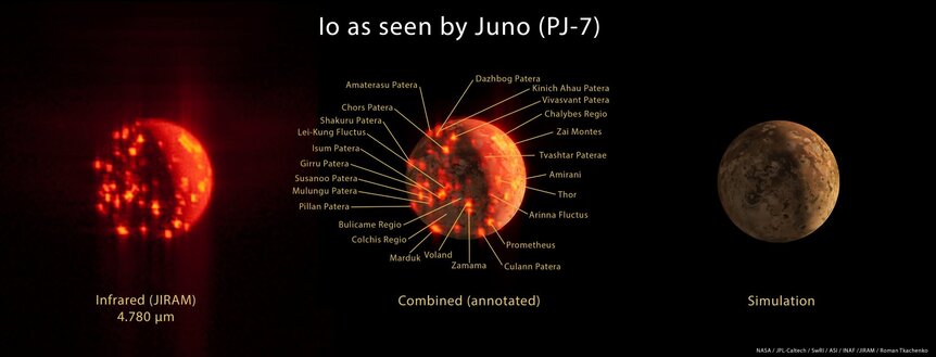 Jupiter's moon Io, imaged in the thermal infrared by the Juno spacecraft. Each bright dot is an active volcano. Credit: NASA/ JPL-Caltech / SwRI / ASI / NAF / JIRAM / Roman Tkachenko