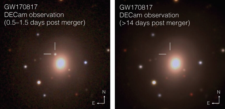 The Dark Energy Camera captured GW170817 mere hours after the event, then again two weeks later, by which time it had faded to invisibility. Credit: M. Soares-Santos, D. E. Holz, J. Annis