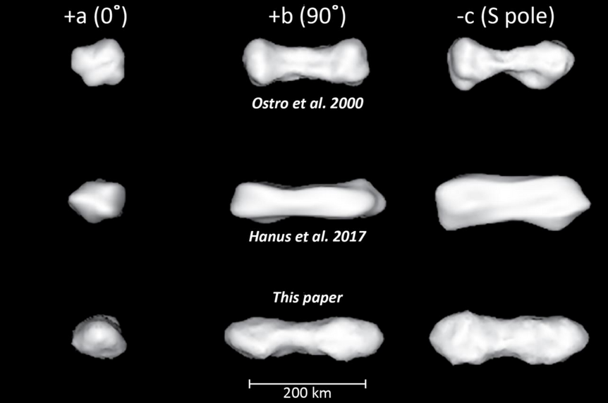 Comparison of three models of Kleopatra’s shape. The original (top) is the iconic dog bone, a better model (middle) is much flatter, and the most recent (bottom) is flatter than the original but still pinched in the middle. Credit: Shepard et al.