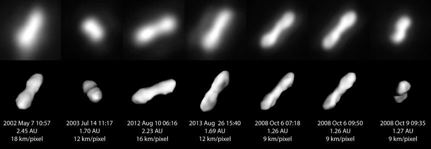 Older high resolution images of Kleopatra (top) are compared to the predicted orientation of the asteroid using the new model. The numbers are the date of the observation, the distance in AU (1 AU = 150 million km), and the resolution of the observation.