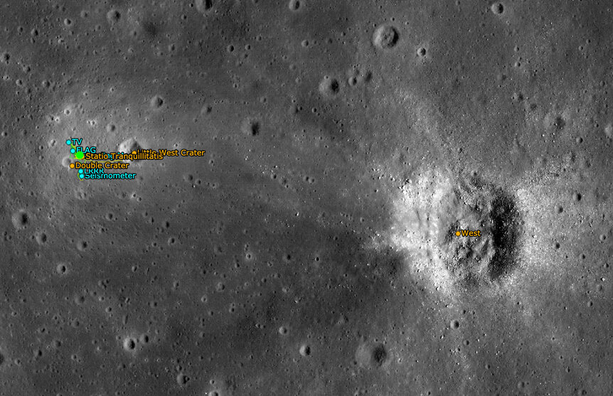 A wider view of the Apollo 11 landing site shows West Crater, which threw boulders all over the area. Credit: NASA/GSFC/Arizona State University