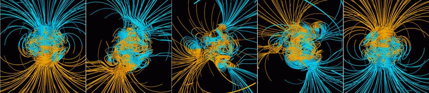Sequence showing a physical model of magnetic reversal, where blue and yellow lines represent magnetic flux toward and away from the Earth, respectively. The field gets tangled and chaotic during a reversal before settling back down