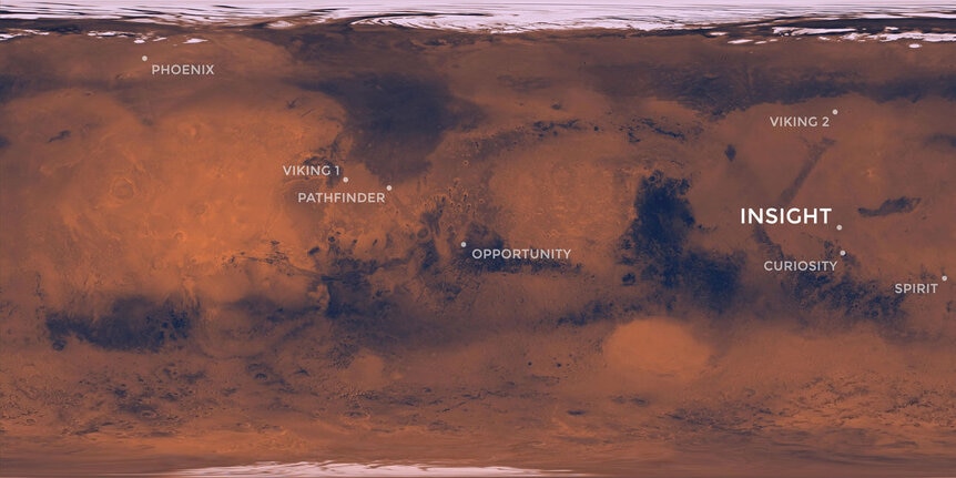 Landing sites for various NASA Mars missions, including InSight (right), located in Elysium Planitia near the equator.  Credit: NASA/JPL-Caltech
