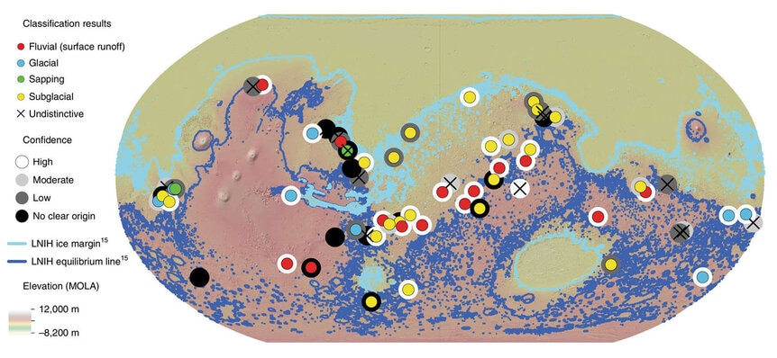 Global map of Mars showing the origins of tributary valleys carved into the surface. Red is from rivers, green from sapping, blue from glacier runoff, and yellow from subglacial melting. Credit: Galofre et al.