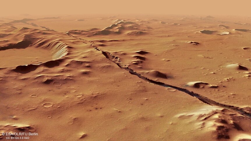 A computer-generated perspective view of Cerberus Fossae made using stereo images from Mars Express shows one enormous crack running through the Martian surface. Credit: ESA/DLR/FU Berlin, CC BY-SA 3.0 IGO