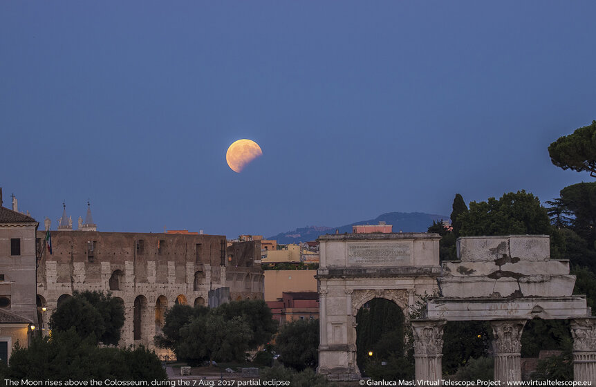 The partially eclipsed Moon over Rome; note the circular shadow of the Earth.
