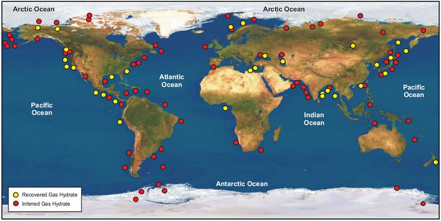 Global locations of methane hydrate deposits, almost always on continental slopes. Credit: Council of Canadian Academies (2008), based on data from Kvenvolden and Rogers (2005) / Global Carbon Project