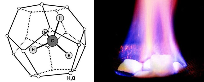Methane hydrate structure (left) is a cage of interconnected water molecules trapping a methane molecule inside. If exposed to heat, the methane hydrate ice burns. Credit: Beauchamp (structure), USGS (fire)