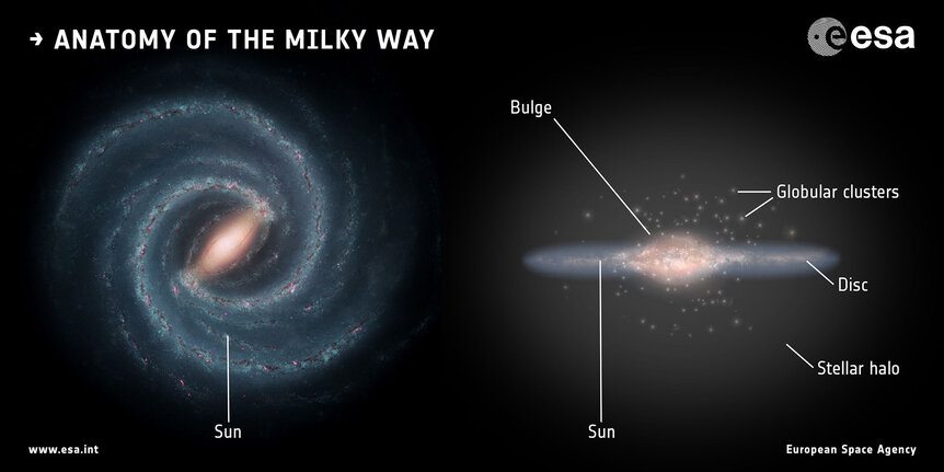 The structure of the Milky Way: A flattened disk with spiral arms (seen face-on, left, and edge-on, right), with a central bulge, a halo, and more than 150 globular clusters. The location of the Sun about halfway out is indicated.