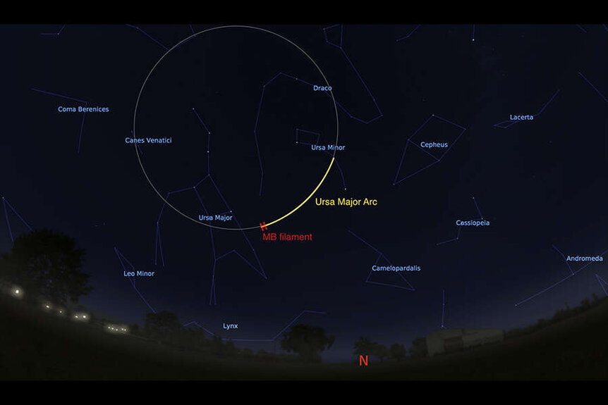 A map of the northern sky showing the extent of the visible arc, and the 60° circle it is likely a part of. Credit: Stellarium.org