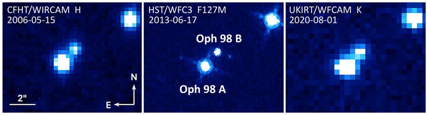 CFHT (left), Hubble (middle) and UKIRT (right) observations of the extremely low-mass object Oph 98 AB (indicated in the middle panel), what is likely a brown dwarf /planet system. Credit: Fontanive et al.