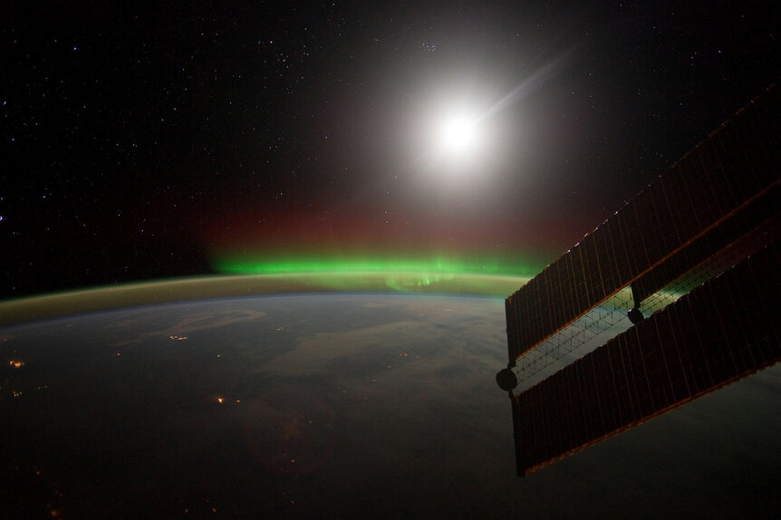 The aurora shines brightly, seen from above by the International Space Station. Credit: NASA/Seán Doran