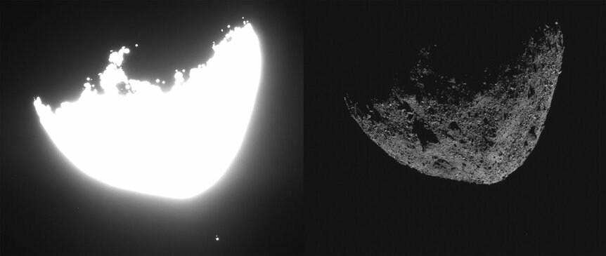 Side-by-side comparison of Bennu, overexposed (left) versus properly exposed (right). Credit: NASA/Goddard/University of Arizona/Lockheed Martin