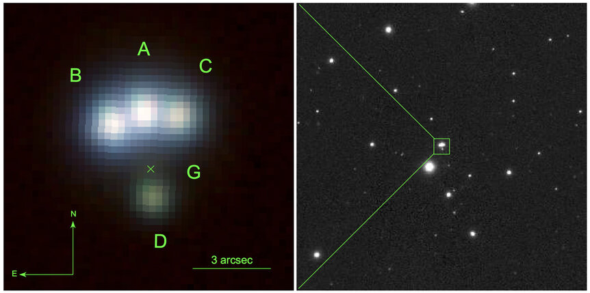 The four images (A-D) of the quadruply lensed quasar J014709+463037 can be seen in this deep image taken by the Pan-STARRS telescope. The lensing galaxy (G) is marked by an X. Credit: Berghea et al. 