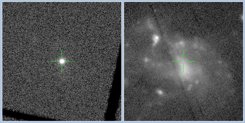 Supernova 2018oh (left) compared to a reference image of its host galaxy UGC 4780 taken a few years earlier. The explosion was close to the galactic center and briefly outshone the entire galaxy. Credit: The Pan-STARRS Survey for Transients