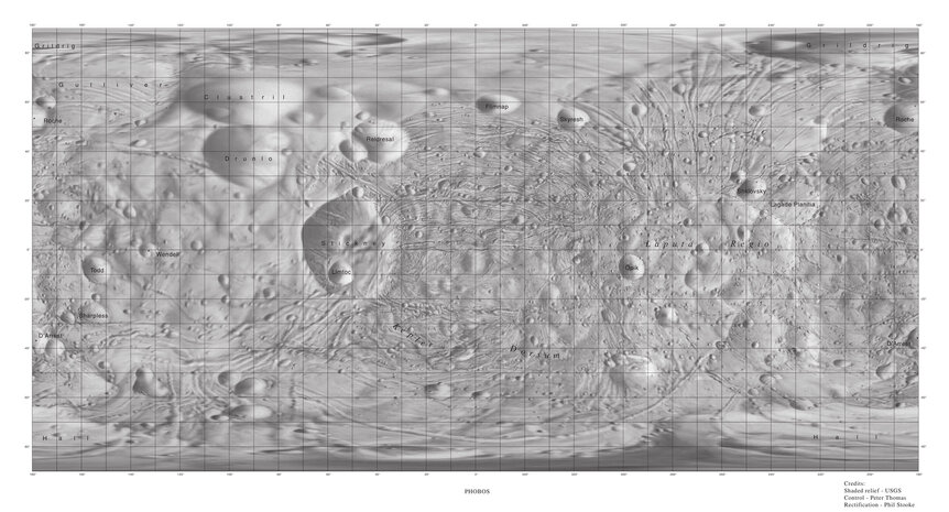 A map of the Martian moon Phobos showing Stickney, Laputa Regio, and the weird grooves covering the surface. Credit: USGS