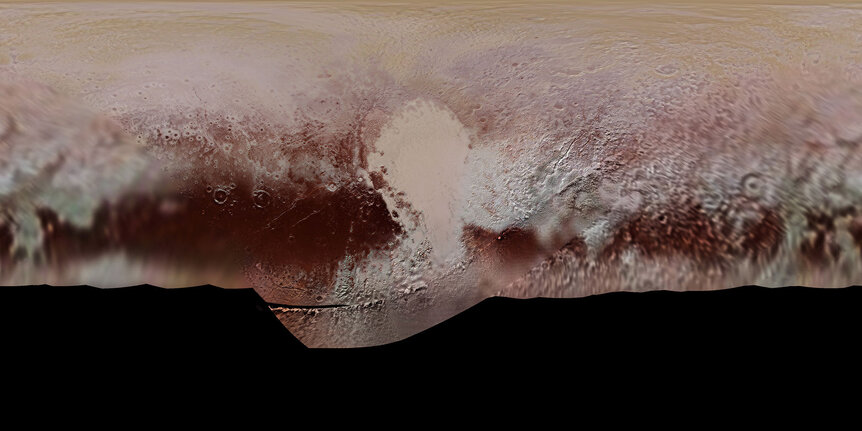The terrain of Pluto mapped out using New Horizons observations. Tombaugh Regio, the “heart”, dominates. Credit: NASA/JHUAPL/SwRI