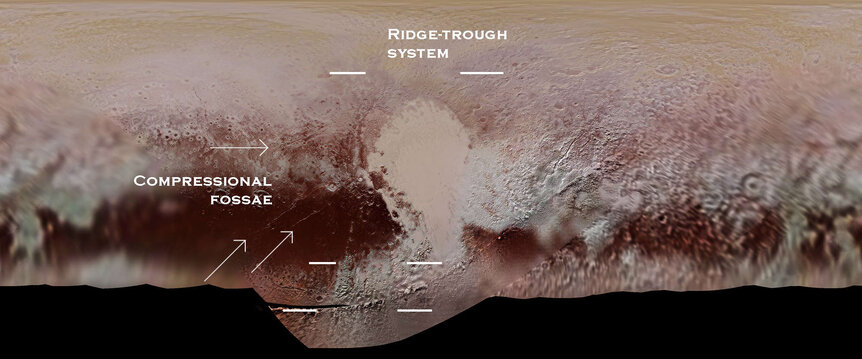 A rectilinear map of Pluto showing fossae (arrowed) and a long ridge-trough system (between horizontal lines), both features of extension of the surface. Credit: NASA / JHUAPL / SwRI
