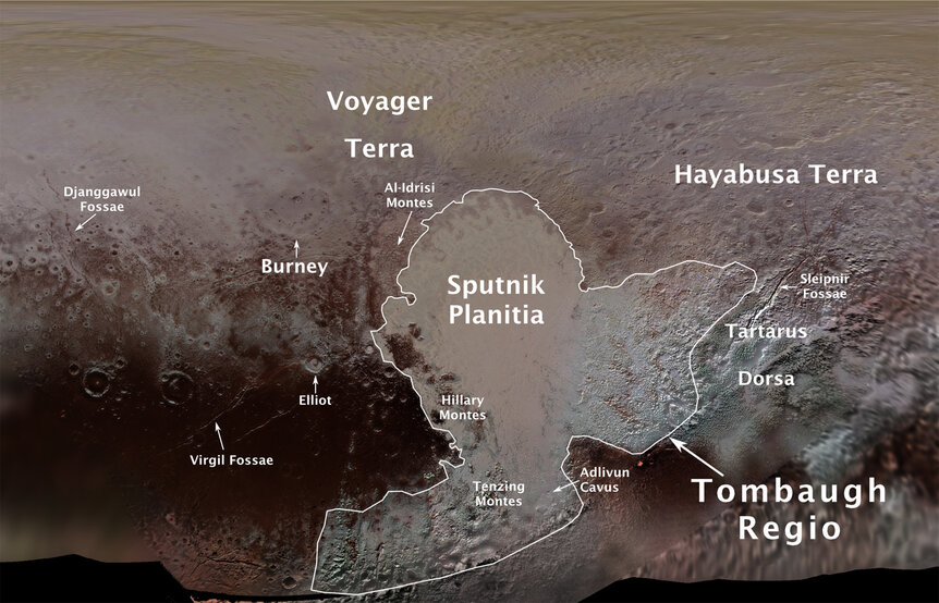 New features have been named on Pluto, based on the unofficial names used by the New Horizons team, many suggested by the public. Credit: NASA/JHUAPL/SwRI/Ross Beyer