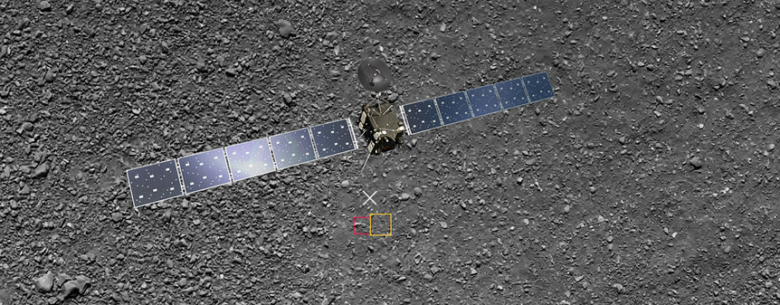 A Rosetta spacecraft image superposed on the final landing site (marked by an X) to scale. Credit: ESA/Rosetta/MPS for OSIRIS Team MPS/UPD/LAM/IAA/SSO/INTA/UPM/DASP/IDA; spacecraft: ESA/ATG medialab