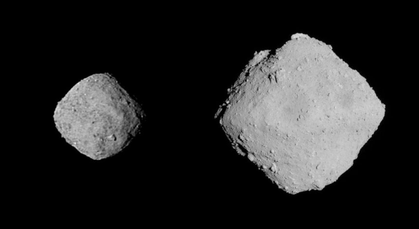 Comparing two small asteroids: 550-m-wide Bennu (left), and 1-km-wide Ryugu (right) roughly to scale.