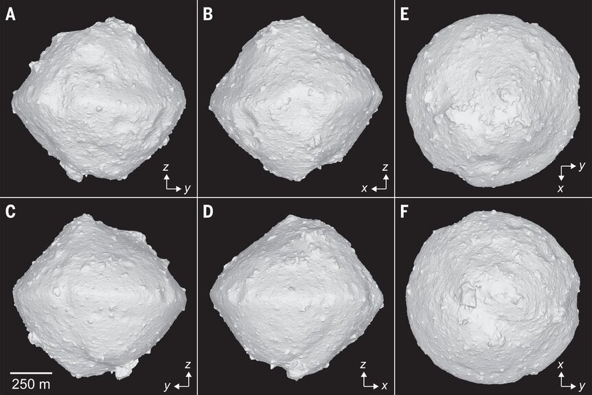A 3D model of the surface of the asteroid Ryugu created from Hayabusa2 data. Note that in frame A, the rock Catafo Saxum sits right in the center, marking the meridian (0° longitude) of Ryugu. Credit: Watanabe et al.  