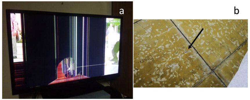 Damage done by the San Marco meteorite fall: a) a small fragment hit the TV, causing the screen to craze, and b) the main mass gouged the floor. Credit: Demarco et al.