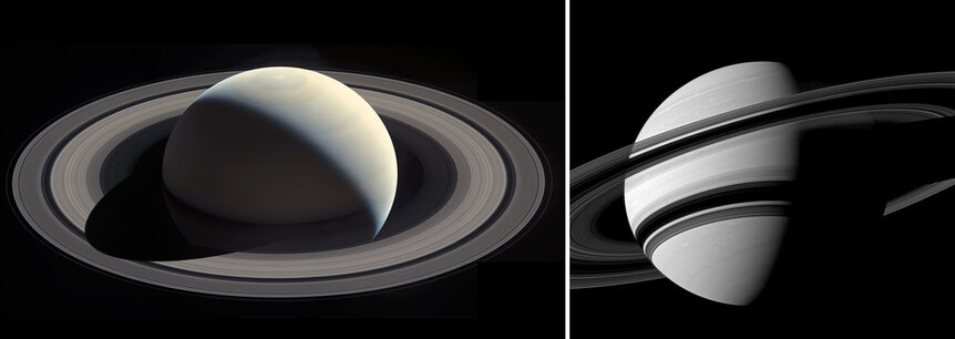 A familiar view of Saturn where the rings are bright on the sunlit side (left), yet seem more eerie and moody when seen from the other side (right). Credit: (both) NASA/JPL-Caltech/Space Science Institute, left image processed by Ian Regan.