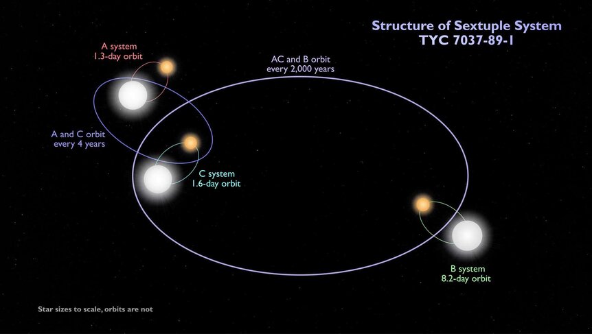 Diagram of the orbits (not to scale) of the sextuple star TYC 7037-89-1: Three similar eclipsing binary stars orbiting each other. Credit: NASA's Goddard Space Flight Center