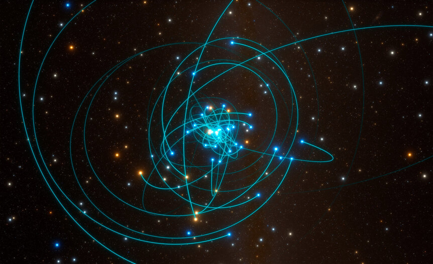 A simulation showing the positions and orbits of stars orbiting the supermassive black hole in the center of the Milky Way. Credit: ESO/L. Calçada/spaceengine.org