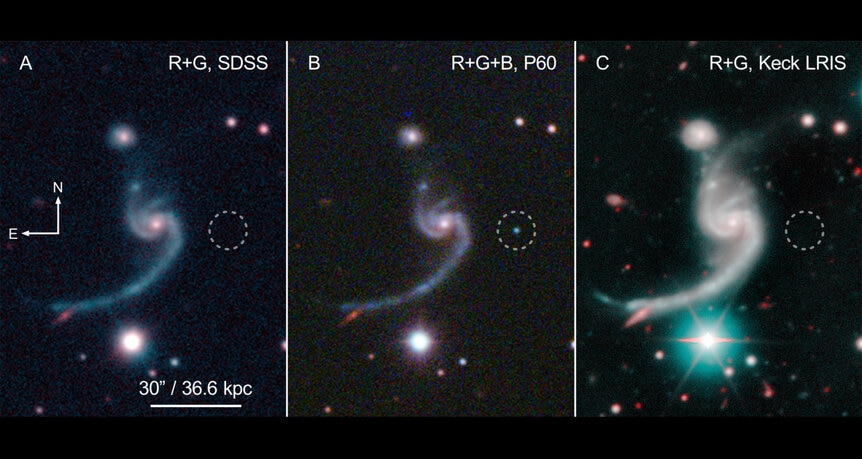 Three images (from different telescopes) of the galaxy and SN 2014ft: Before (left), during (middle), and after (right) Credit: SDSS/Caltech/Keck/De et al.