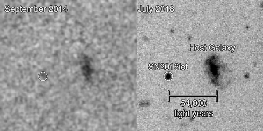 The supernova SN2016iet is at least 55,000 light years from what appears to be its host galaxy. Some very faint object is seen at its potion before the event, perhaps an even fainter satellite galaxy. Credit: CfA