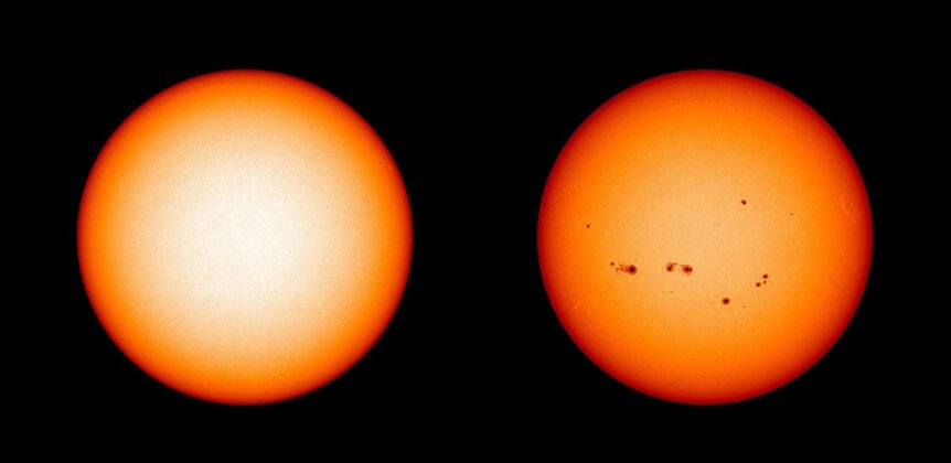 At solar minimum (Dec. 2019, left) nary a spot is seen, while at max (July 2014, right) the Sun’s face is littered with spots. Credit: NASA / SDO / Joy Ng