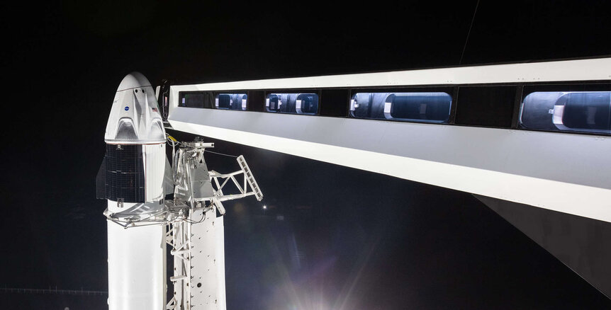 The astronaut walkway connecting the launch tower to the Crew Dragon on top a Falcon 9 for Demo-1 in 2019. Credit: SpaceX