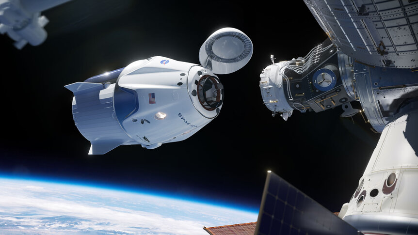 Artwork depicting the SpaceX Crew Dragon capsule about to dock with the International Space Station. Credit: NASA