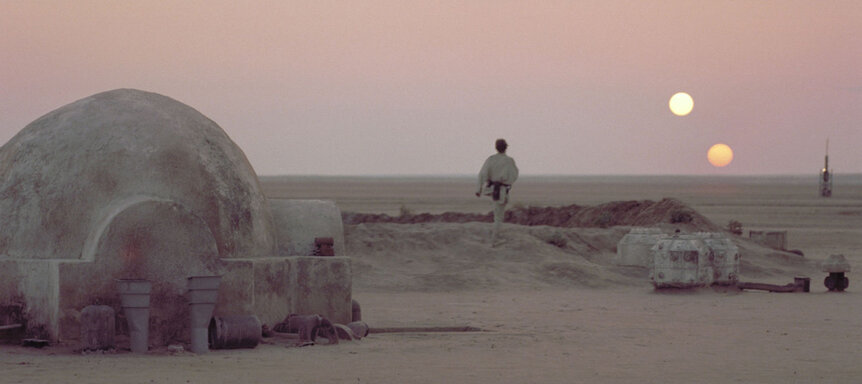 A binary sunset on a planet far, far away. Credit: Lucasfilm