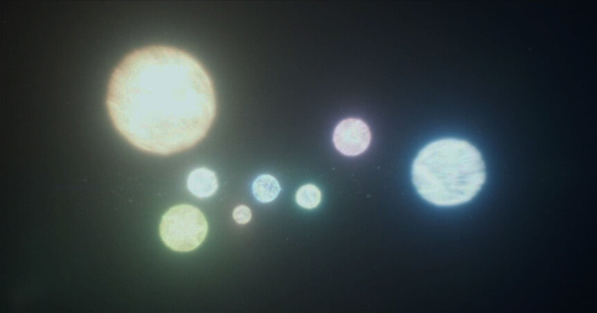 The eight stars making up the octonary system in the Star Trek: Picard episode, “Broken Pieces”. As shown, this is not a stable situation, and contradicts what’s said in the episode. Credit: CBS