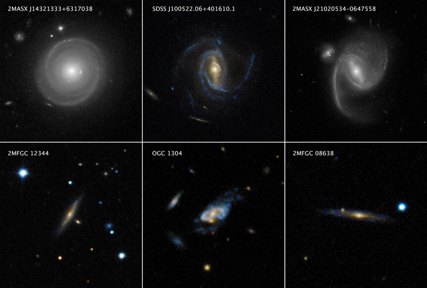 Six “super spirals”: Huge, massive spiral galaxies discovered to have enormous dark matter haloes. The galaxy at the bottom right, 2MFGC 08638, has a halo 40 trillion times the mass of the Sun. 