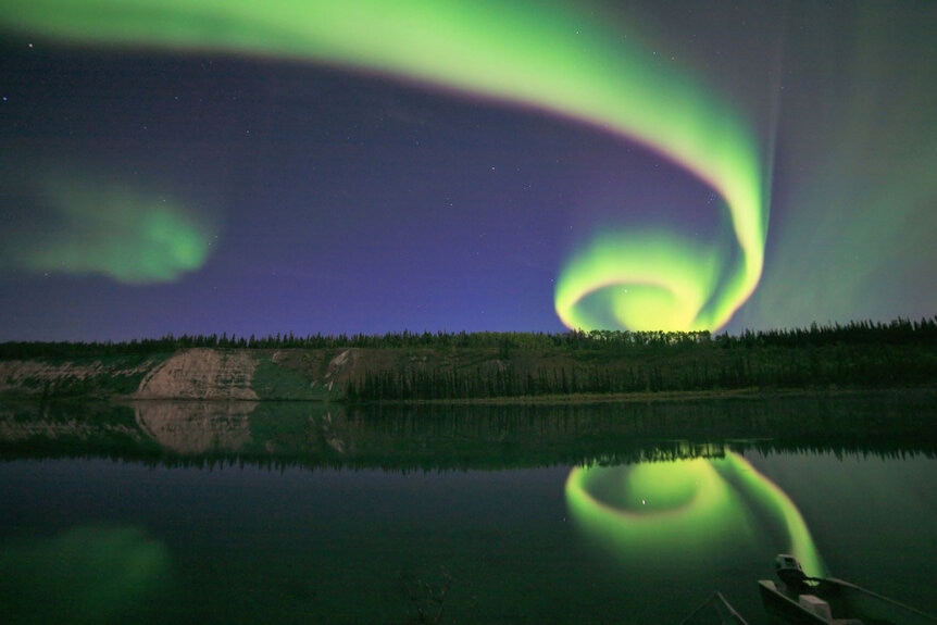 A curling, spiral aurora; the result of solar wind combined with Earth's magnetic field.
