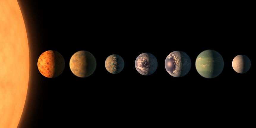Artwork showing the scale of the size of the planets and the star of the TRAPPIST-1 system. The orbital distance are not to scale, and surface features are imagined. Credit: NASA/JPL-Caltech