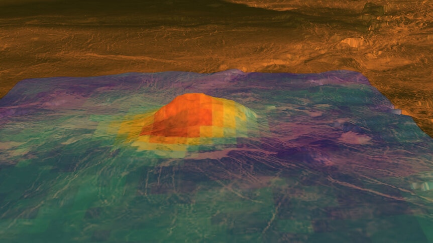 Idunn Mons on Venus may be an active volcano. A thermal map from the ESA Venus Express spacecraft is overlain on topographical data from NASA’s Magellan spacecraft, indicating the peak of the volcano is warmer than its surroundings. Credit: ESA / NASA