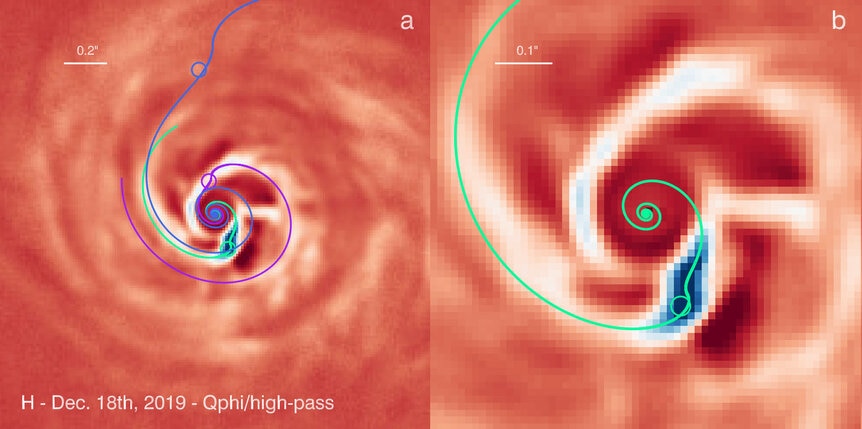 High-contrast close-ups of Ab Aurigae overlain with models of spiral arm formation (solid lines) show where a potential planet (small circle at bottom) may be, as well as a second possible planet (circle at top on left). Credit: Boccaletti et al. 