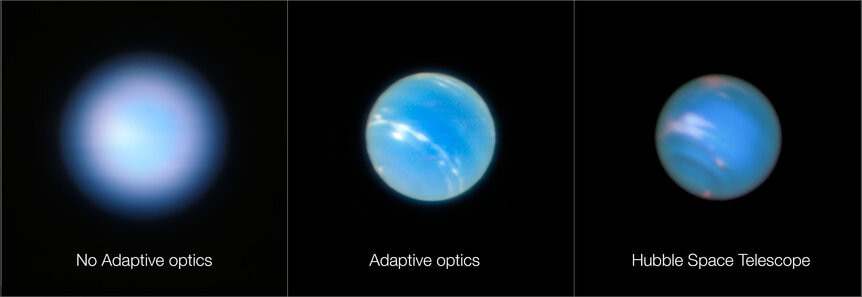 Neptune seen without adaptive optics (left), with AO (middle) and compared to a similar image using Hubble Space Telescope (right). Credit: ESO/P. Weilbacher (AIP) / NASA, ESA, and M.H. Wong and J. Tollefson (UC Berkeley)